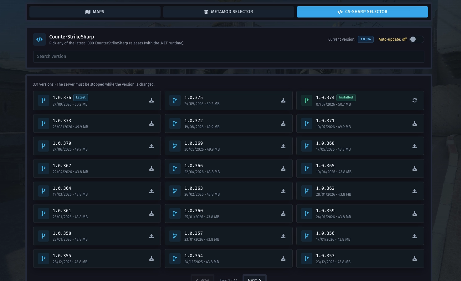 Selector versiune CounterStrikeSharp