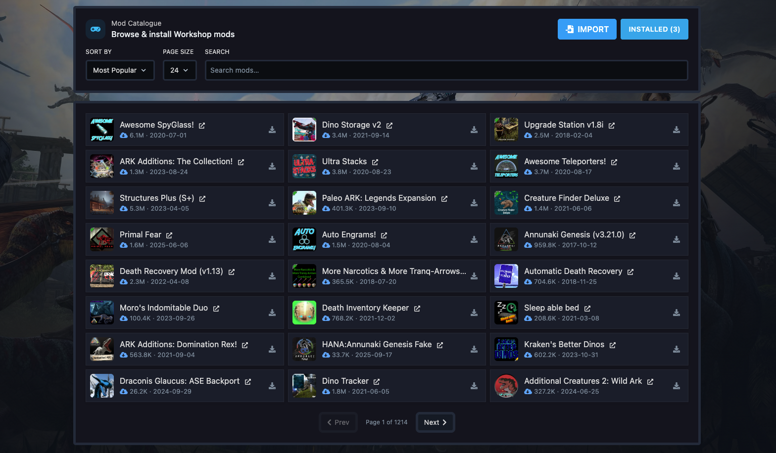 Pannello installer mod di ARK: Survival Evolved